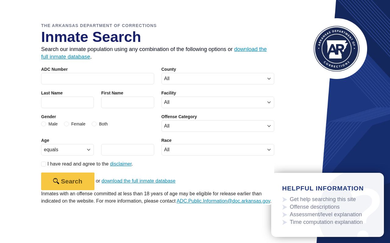 Arkansas ADC offender search form for Miller County custody research