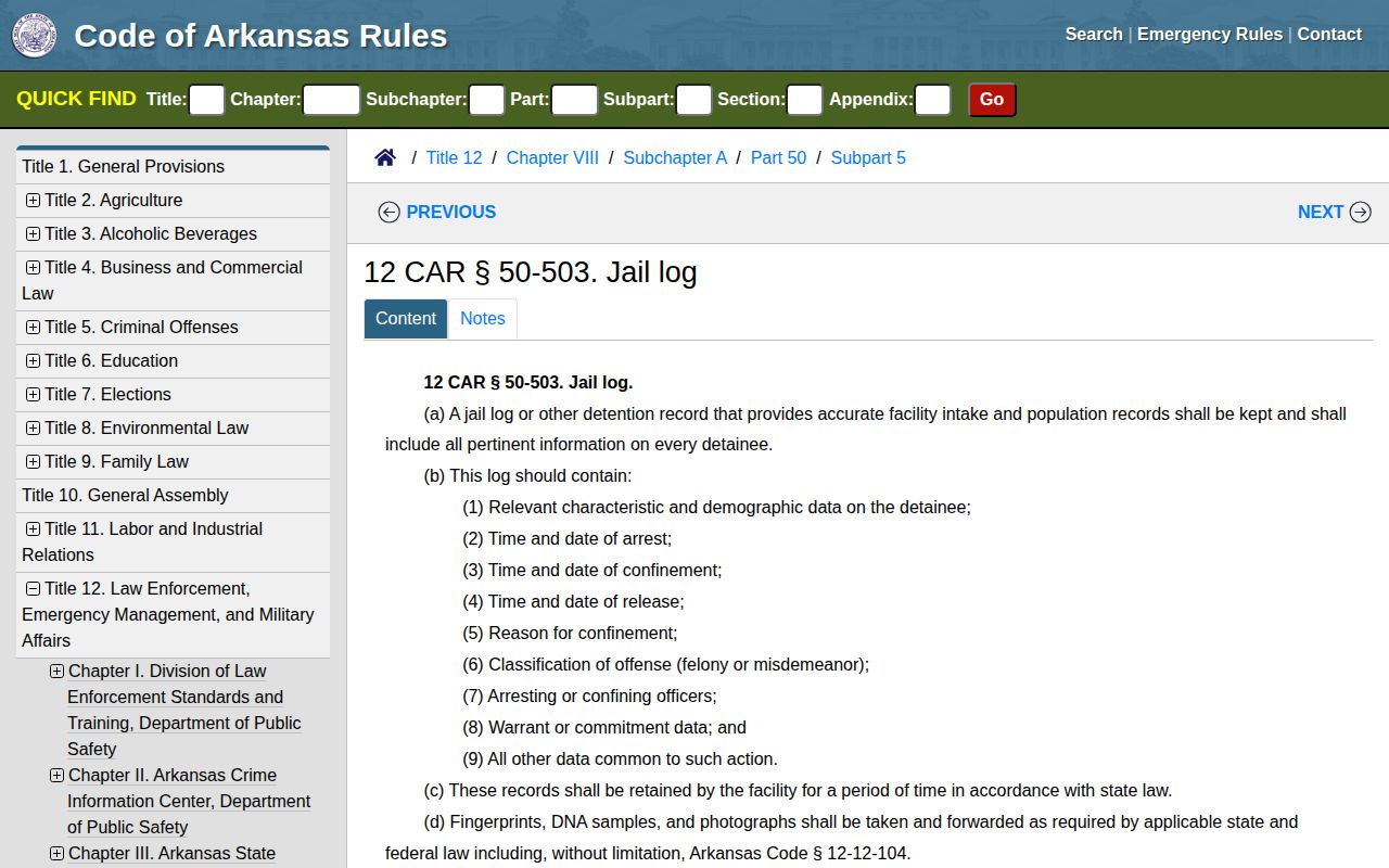 Official Arkansas jail log rule relevant to Miller County booking records