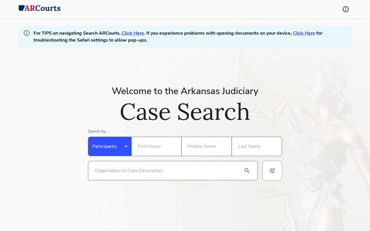Search ARCourts interface for Miller County arrest dispositions